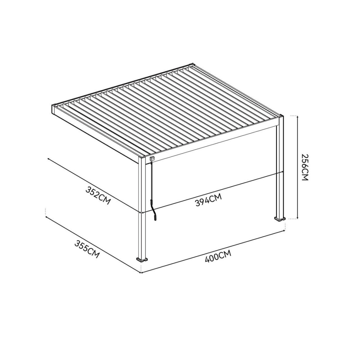 Rysunek techniczny pergoli tarasowej Deluxe Wall 3.6x4 w kolorze antracytowym z wymiarami.