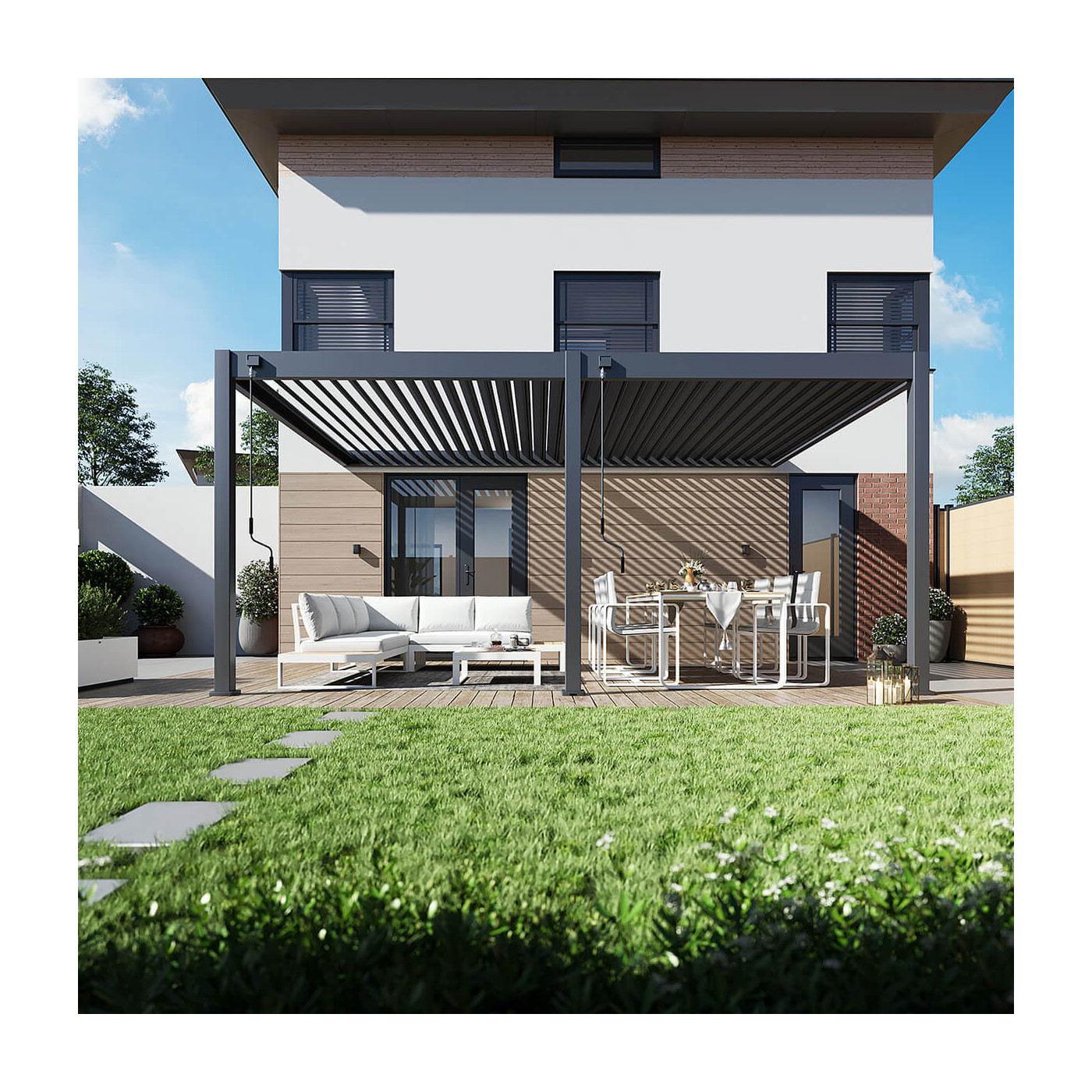 Pergola tarasowa DELUXE WALL 3.6x5.3 w aranżacji przed domem, widziana z frontu.