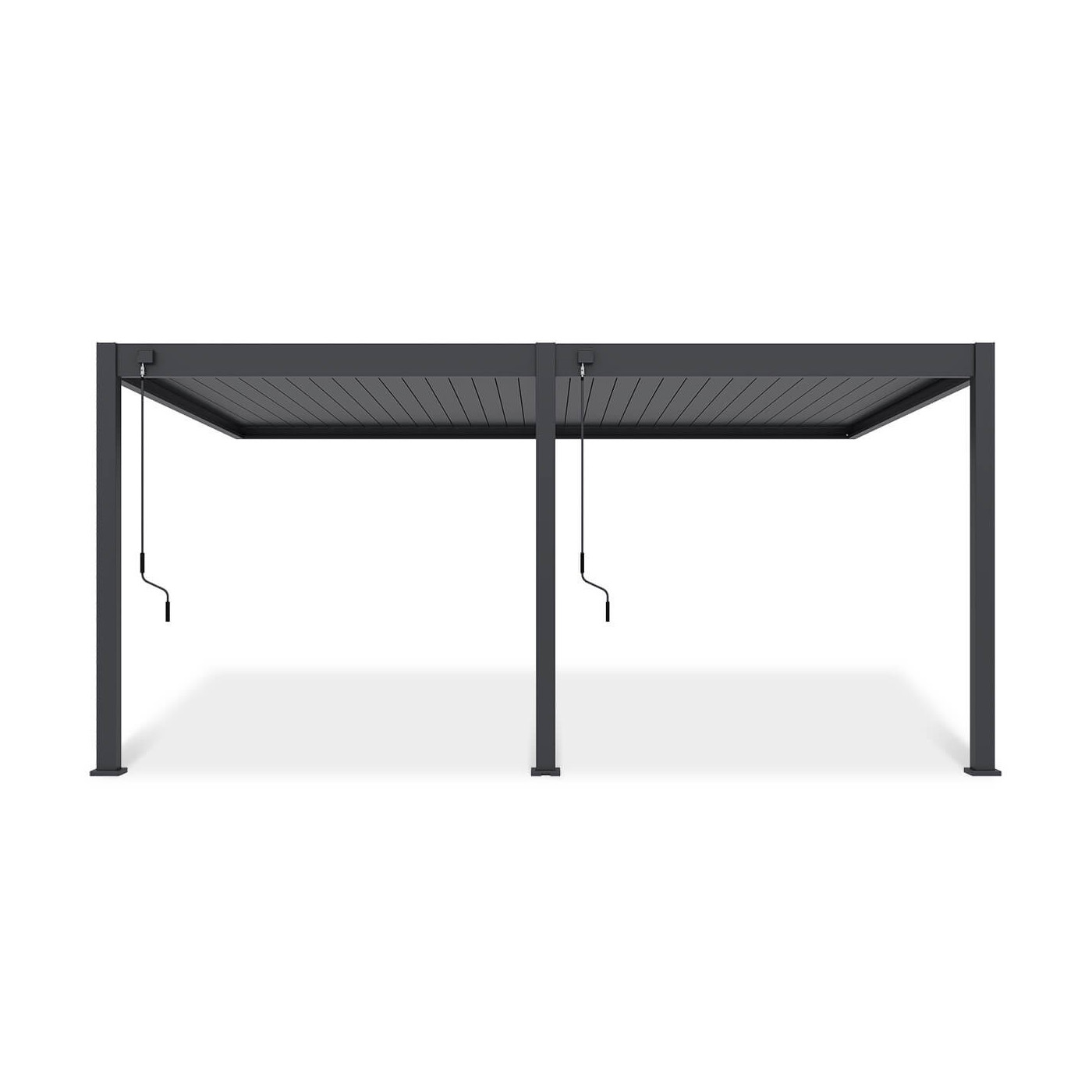 Frontowy widok pergoli tarasowej DELUXE WALL 3.6x5.3 w kolorze antracytowym na białym tle.