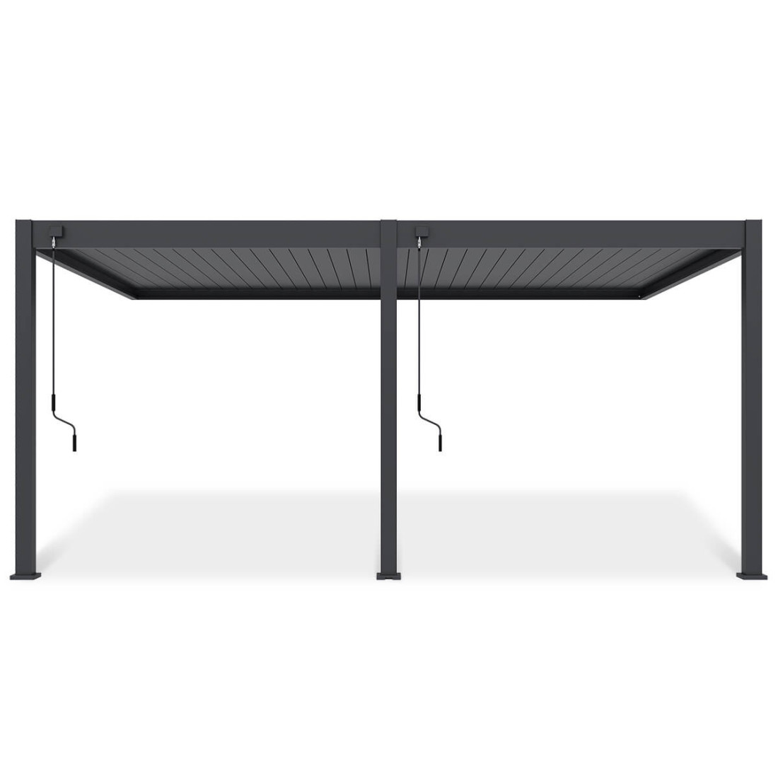 Frontowy widok pergoli tarasowej DELUXE WALL 3.6x5.3 w kolorze antracytowym na białym tle.