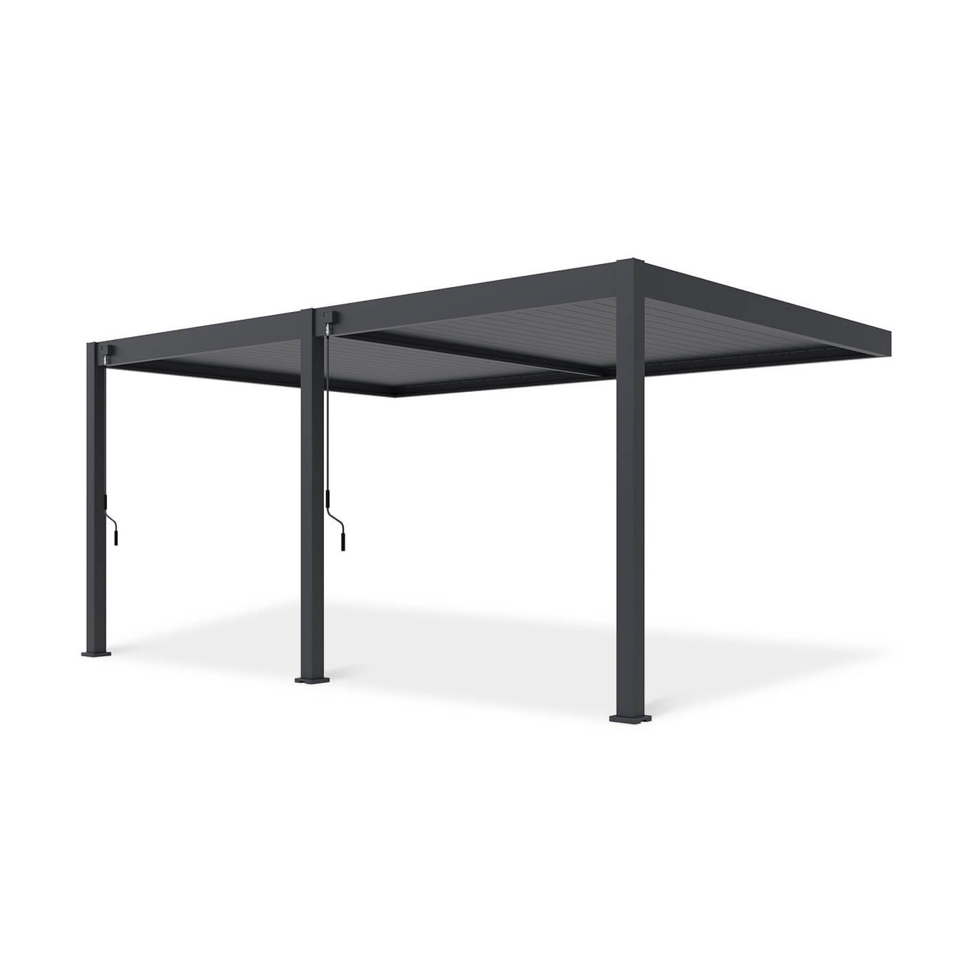 Widok pergoli tarasowej DELUXE WALL 3.6x5.3 w kolorze antracytowym z boku, na neutralnym tle.
