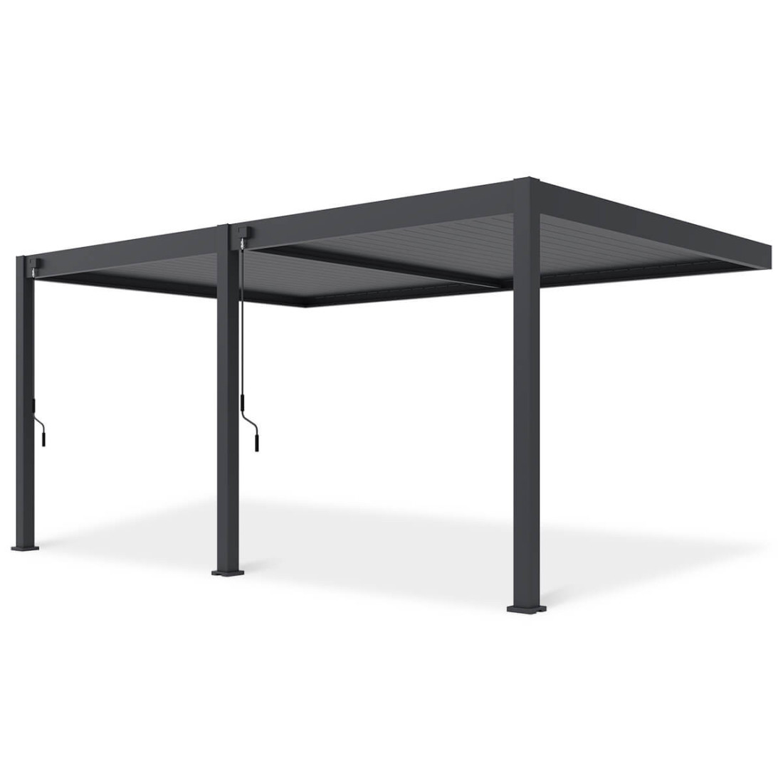 Widok pergoli tarasowej DELUXE WALL 3.6x5.3 w kolorze antracytowym z boku, na neutralnym tle.