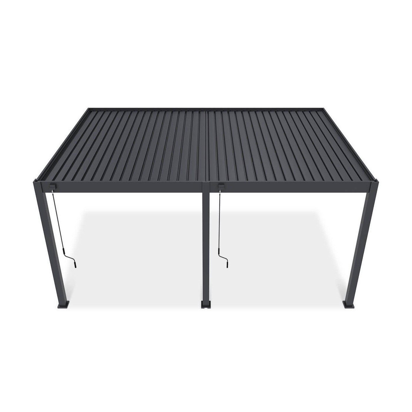 Ujęcie z lotu ptaka pergoli tarasowej DELUXE WALL 3.6x5.3 w kolorze antracytowym na białym tle.