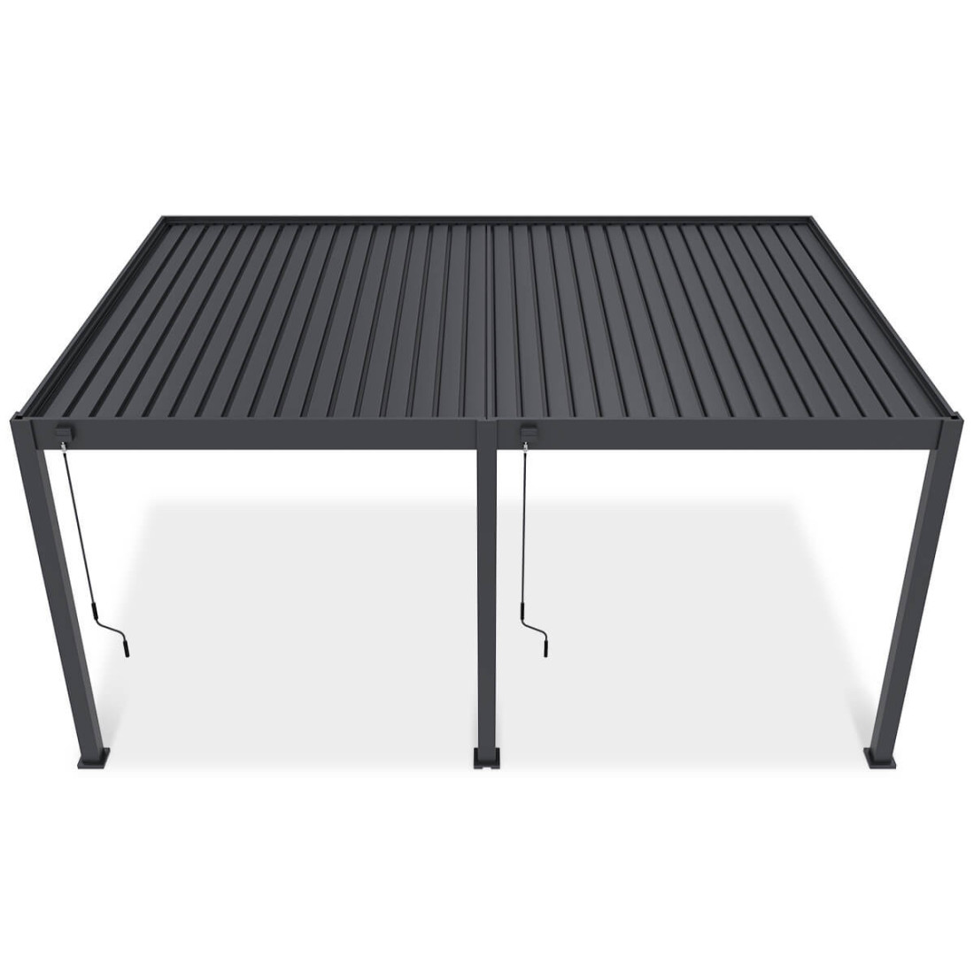 Ujęcie z lotu ptaka pergoli tarasowej DELUXE WALL 3.6x5.3 w kolorze antracytowym na białym tle.