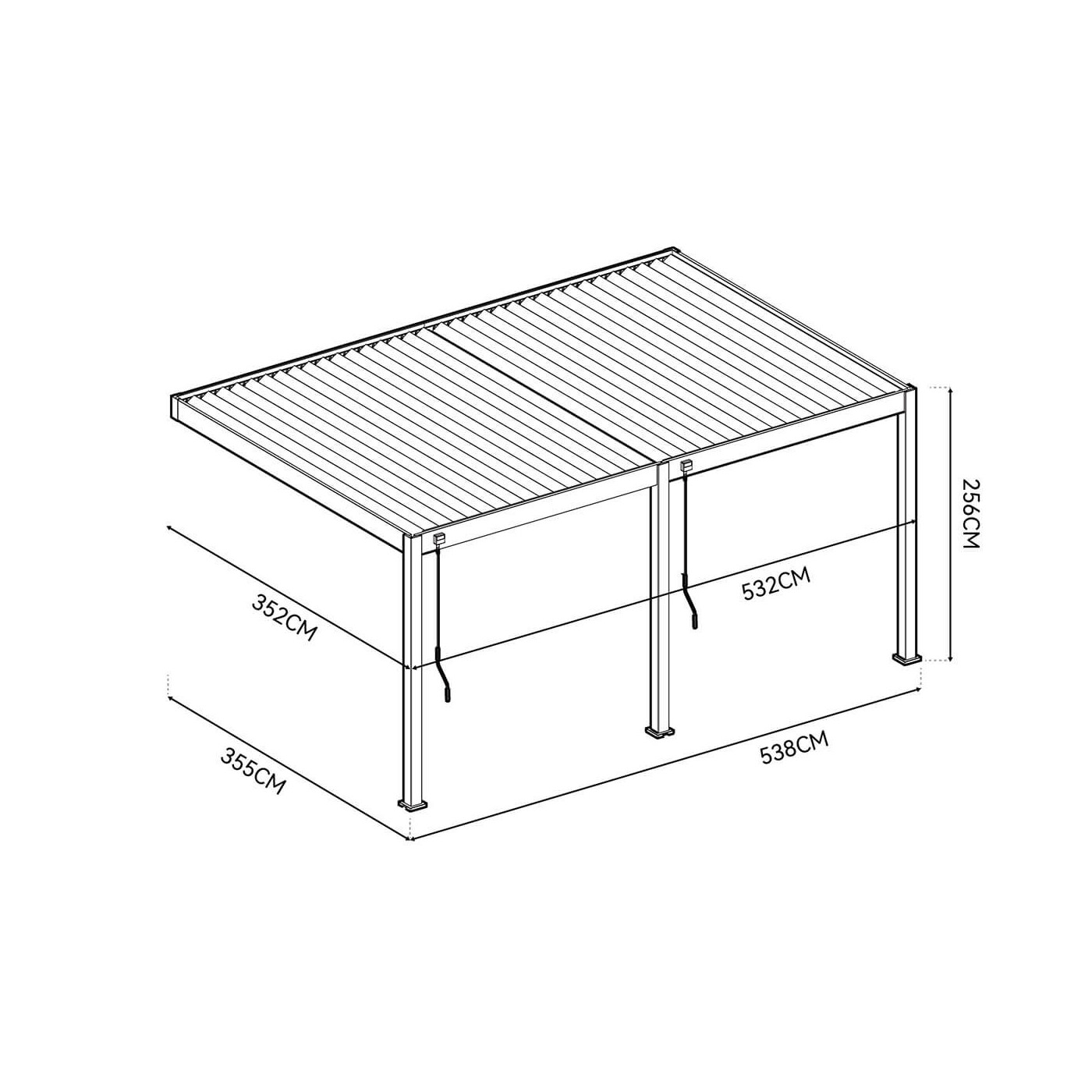 Wymiary pergoli tarasowej DELUXE WALL 3.6x5.3 w kolorze antracytowym przedstawione na schemacie technicznym.