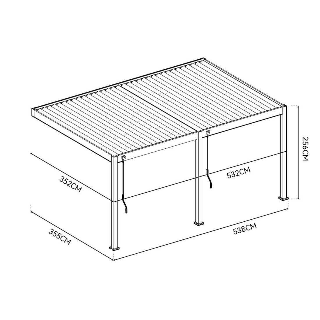Wymiary pergoli tarasowej DELUXE WALL 3.6x5.3 w kolorze antracytowym przedstawione na schemacie technicznym.