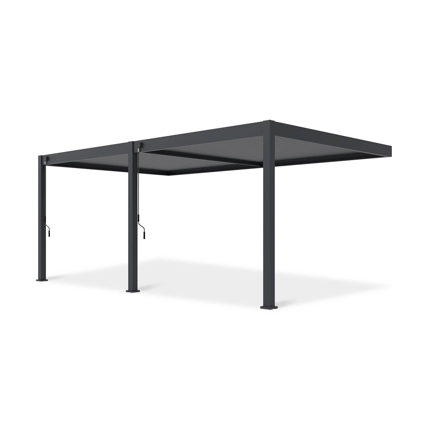 Frontowy widok pergoli tarasowej DELUXE WALL 3.6x6 w kolorze antracytowym na białym tle.