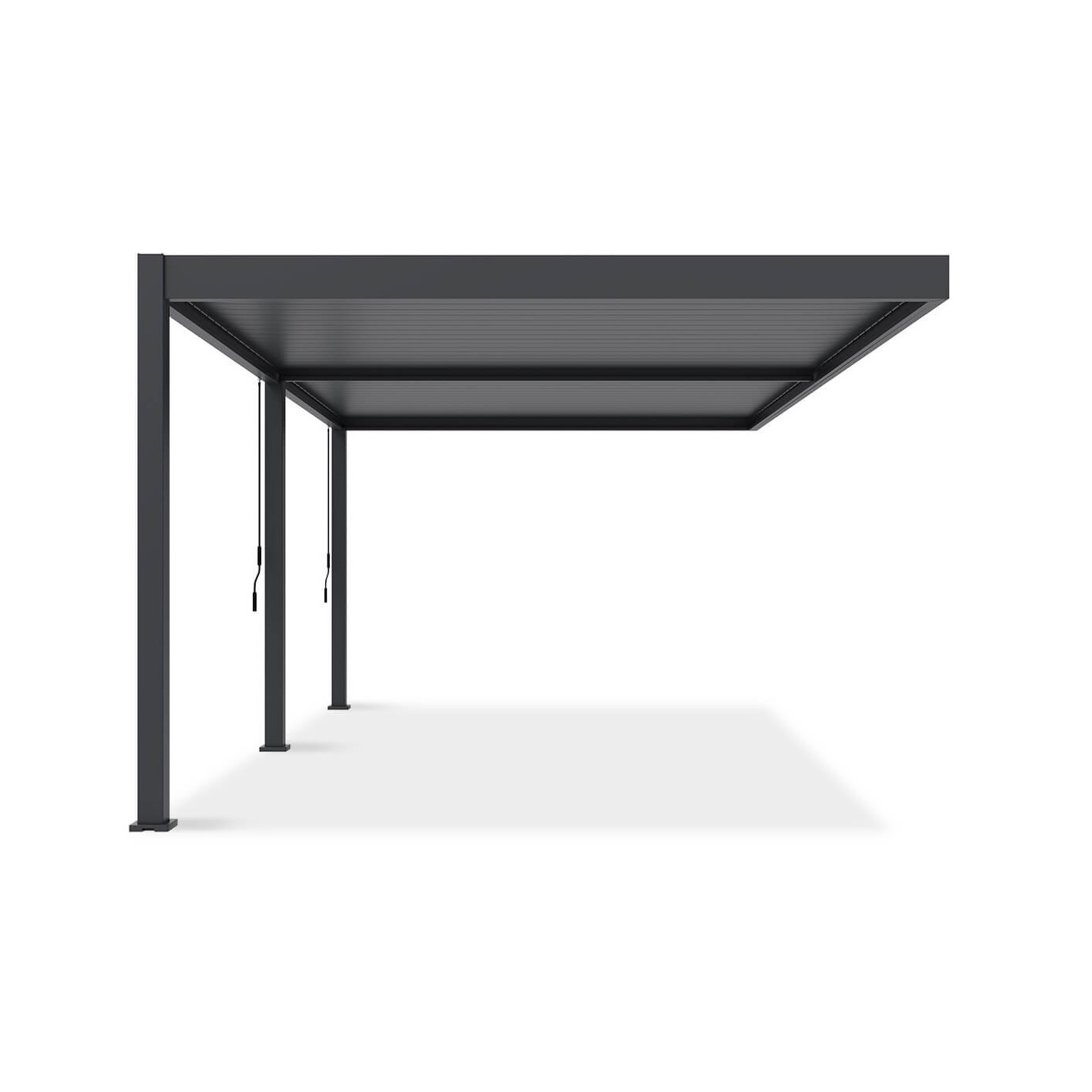 Widok boczny pergoli tarasowej DELUXE WALL 3.6x6 w kolorze antracytowym na białym tle.